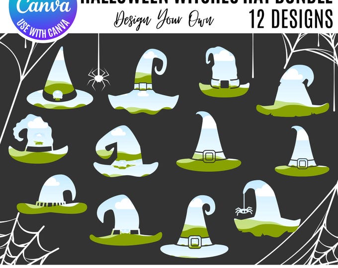 Canva Halloween Bundle, Witches Hat Clipart & templates, Spooky Editable Graphics, Canva Witches Hat templates, editable witches hat canva