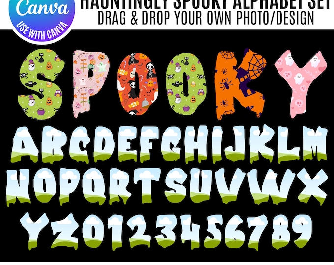 Halloween Alphabet Canva Bundle, Creepy Letters for Digital Designs, Canva Spooky Alphabet, Canva Halloween numbers, Canva Halloween frames