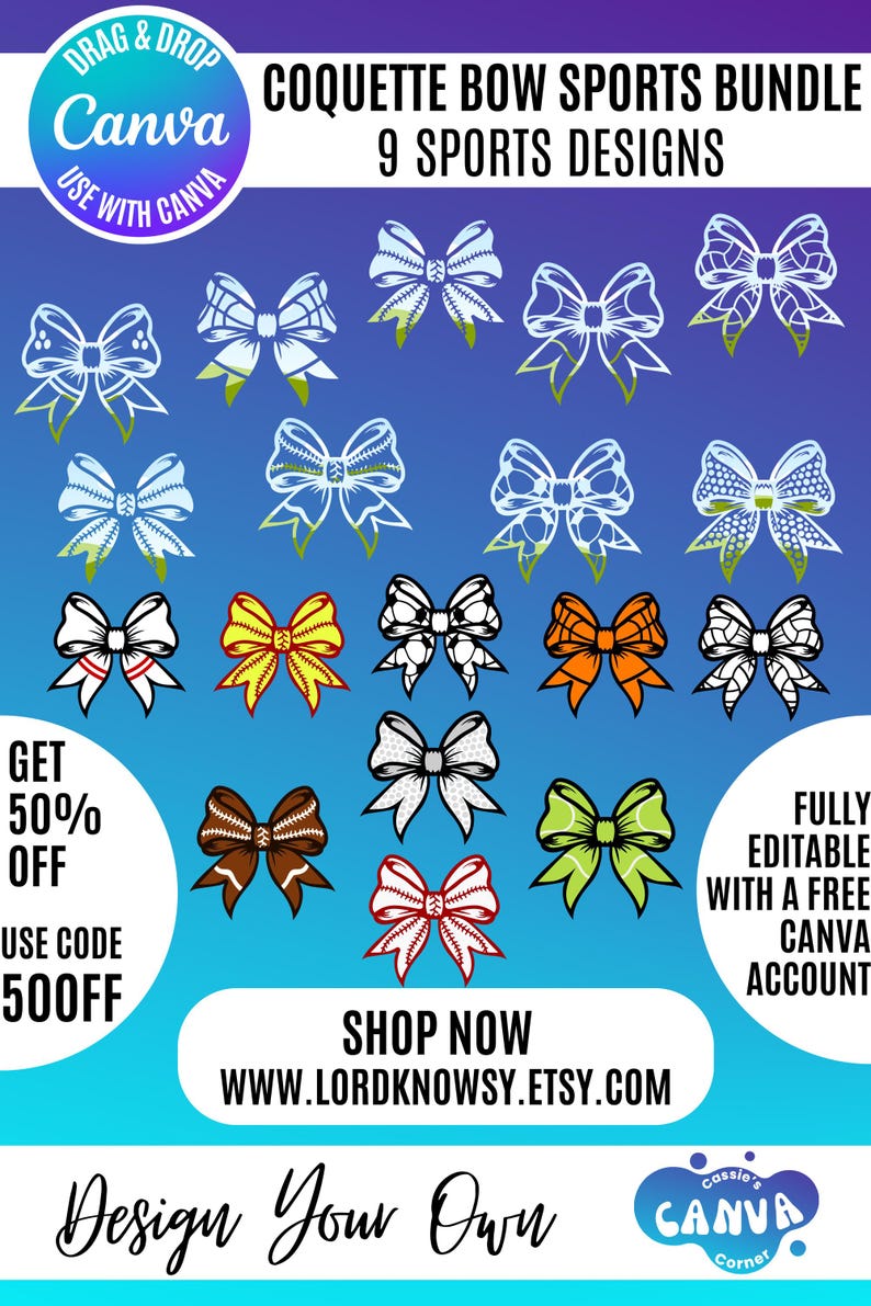 Coquette Sports Bow Canva Frames: Drag & Drop Templates (digital ...