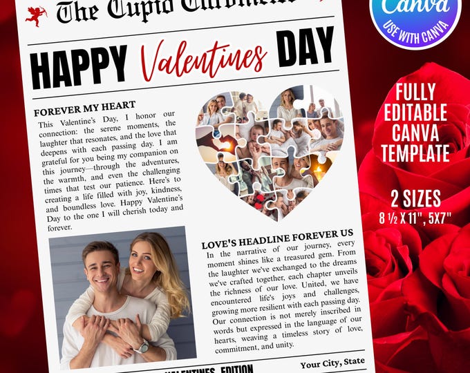 Valentine's Day Newspaper Template, Cupid Post Valentine’s Day Newspaper, Editable Canva Design, Printable Valentine’s Day Gift Idea