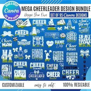 Könnte beinhalten: Eine Sammlung von 95 Canva-Designvorlagen für Cheerleader, die Texte wie "Cheer Dad", "Cheer Mom" und "Cheerleader" sowie Cheerleading-Grafiken enthalten. Die Designs sind einfach zu bearbeiten und 100 % skalierbar. Der Text "Design Your Own" ist enthalten.