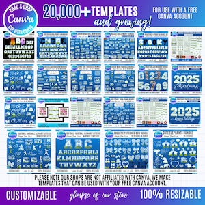 Pu&ograve; includere: Una collezione digitale di oltre 20.000 modelli di design personalizzabili da utilizzare con un account Canva gratuito. L'immagine mostra vari pacchetti grafici, inclusi set di alfabeti, cornici sportive e collage festivi.