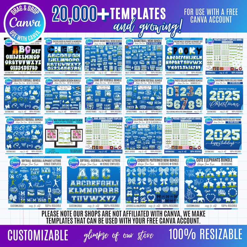 Pu&ograve; includere: Una collezione digitale di oltre 20.000 modelli di design personalizzabili da utilizzare con un account Canva gratuito. L'immagine mostra vari pacchetti grafici, inclusi set di alfabeti, cornici sportive e collage festivi.