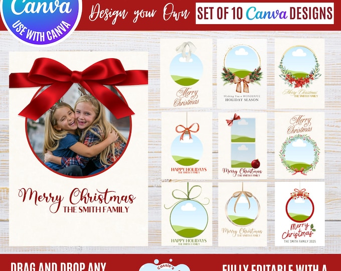 Christmas Photo Card Templates, Ornament Frames, Canva (Digital Download)