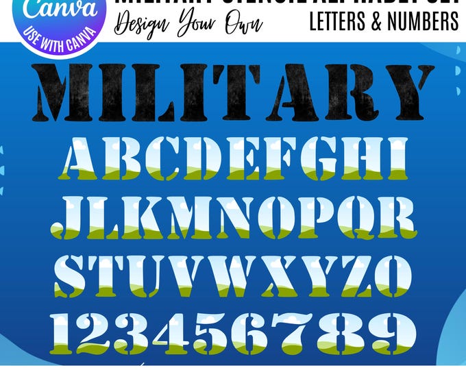 Military Letters Canva Frame Template, Fill your own letters, Military Canva Alphabet, Stencil Canva Letters, Canva Military Alphabet