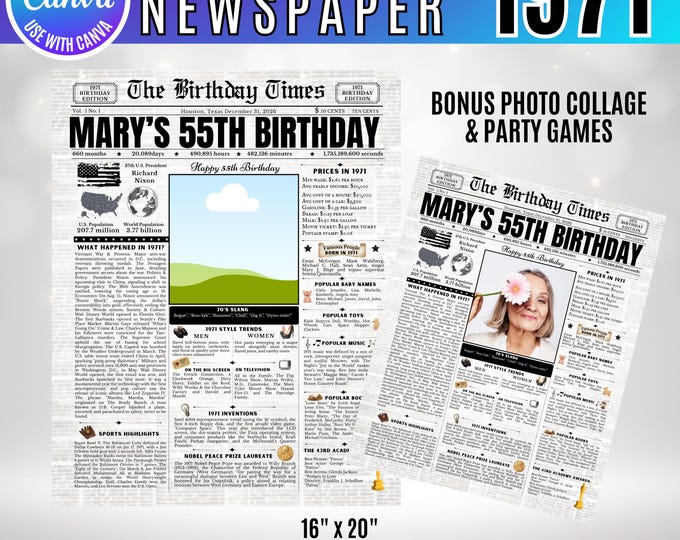 Editable Birthday Newspaper Template Canva, Custom Birth Year Facts Poster,  Canva Vintage Newspaper Birthday Sign, 1971 birthday gift decor