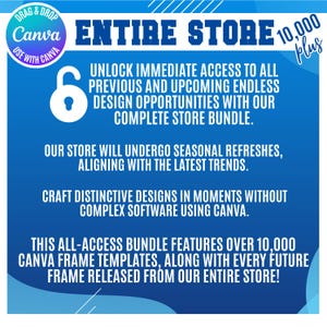 Puede incluir: Gr&aacute;fico azul con texto blanco que promociona un paquete de tienda Canva. El texto incluye "Entire Store", "Unlock Immediate Access" y "10,000 plus". Tambi&eacute;n hay un icono de candado y el logotipo de Canva.