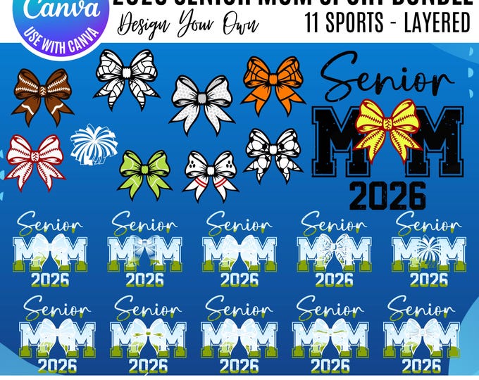 2026 Senior Mom Coquette Sports frames, 2026 Varsity Sports Canva Template, Coquette Sports Frames, Drag & Drop Senior Mama Canva  Frames