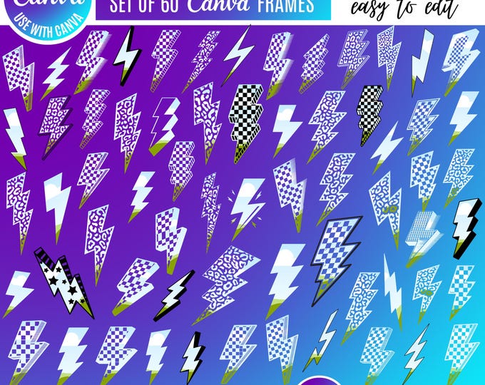Canva Lightning Bolt bundle, Lightning Clipart, Animal Print, Checkerboard, Retro, Groovy, Coquette Lightning bolt Designs, Canva templates