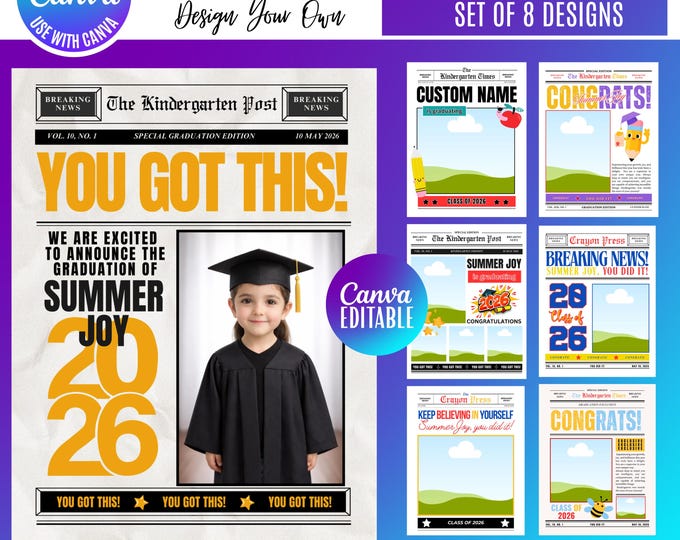 Kids Graduation Newspaper Canva Bundle, 2026 Graduation Photo Template, Editable Grad Newspaper Preschool, Kindergarten, Elementary Grad