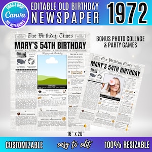 Editable 1972 Birthday Newspaper Poster, Vintage Birth Year Facts Sign (Digital Download)