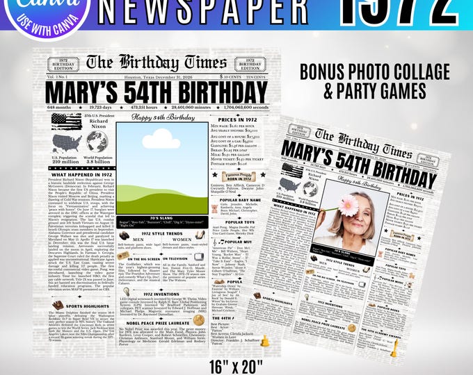 Editable Birthday Newspaper Template Canva, Custom Birth Year Facts Poster,  Canva Vintage Newspaper Birthday Sign, 1972 birthday gift decor