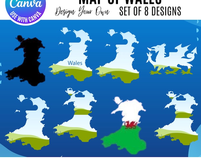 Editable Map of Wales Canva Template, Canva Wales Map, Digital map Wales, Geography Canva template, Map of Wales clipart, British map Canva