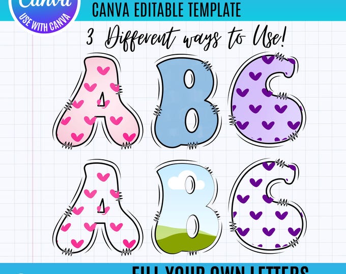 Canva Doodle Heart Alphabet Letters Canva Frame Template, Doodle Canva Alphabet, Canva Doodle Hearts Alphabet, Canva Letters, Groovy Doodle
