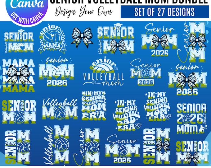 2026 Senior volleyball Mom Canva Bundle, Canva mama volleyball Templates, Coquette Mama volleyball canva frames, Canva 2026 volleyball clip