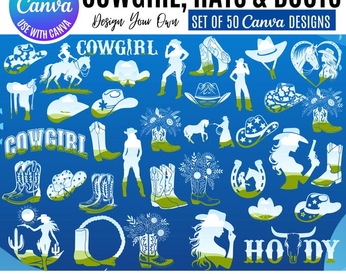 Cowgirl Canva Design Bundle, Western Graphics (Editable Templates)