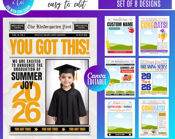 Kids Graduation Newspaper Canva Bundle, 2026 Graduation Photo Template, Editable Grad Newspaper Preschool, Kindergarten, Elementary Grad