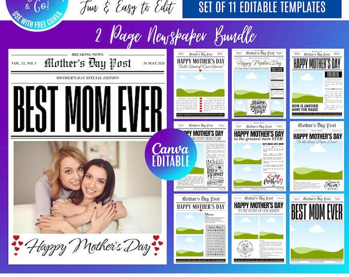 Mother's Day Newspaper Template Bundle, Photo Collage Gift (Digital Download