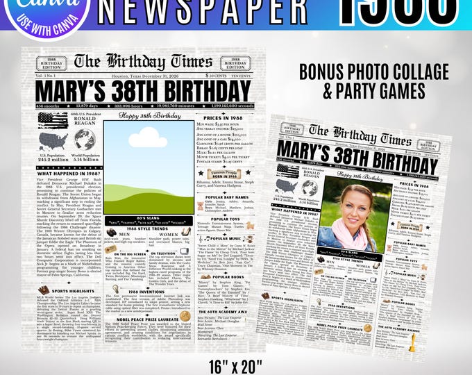 Editable Birthday Newspaper Template Canva, Custom Birth Year Facts Poster,  Canva Vintage Newspaper Birthday Sign, 1988 birthday gift decor