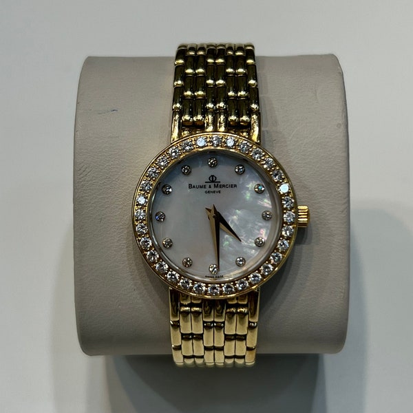 26MM 14K Yellow Gold Authentic Baume Merceir Ladies Watch With Factory Set Diamonds