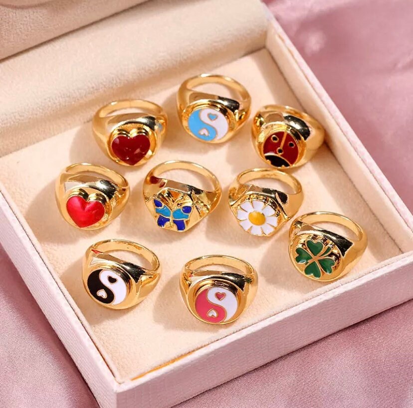 NEW Y2k rings Cute 24k Gold plated Enamel Statement Rings Etsy