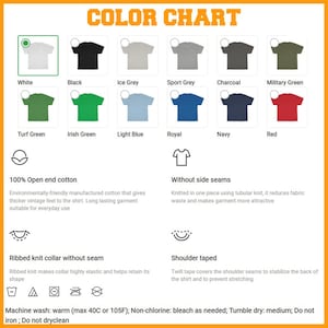 May include: Color chart showing 12 different colors of t-shirts. The t-shirts are made of 100% open end cotton and have ribbed knit collars without seams. The t-shirts also have shoulder taped seams. Machine wash warm, tumble dry medium, do not iron or dry clean.