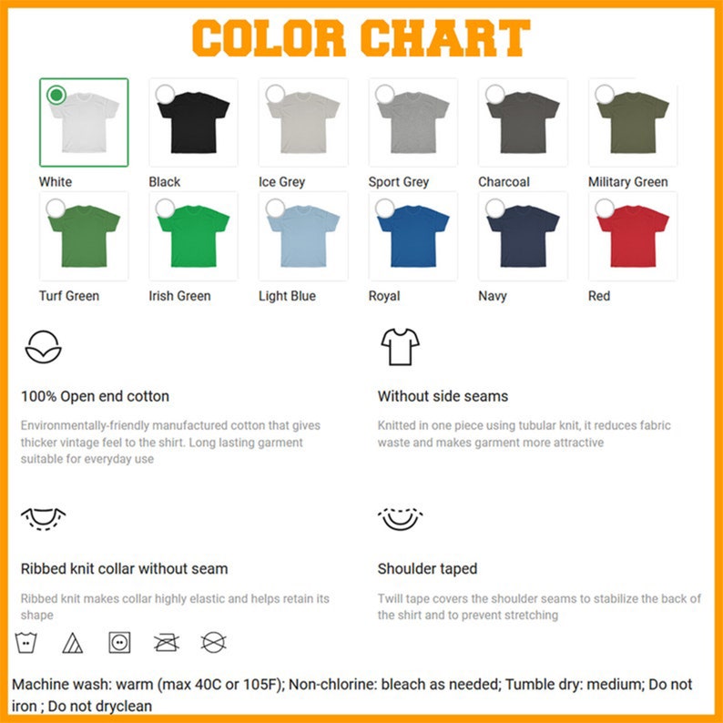May include: Color chart showing 12 different colors of t-shirts. The t-shirts are made of 100% open end cotton and have ribbed knit collars without seams. The t-shirts also have shoulder taped seams. Machine wash warm, tumble dry medium, do not iron or dry clean.