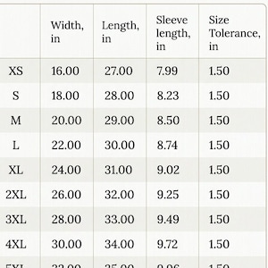 May include: A size chart table for apparel listing sizes from XS to 5XL with columns for width, length, sleeve length, and size tolerance in inches. The table displays specific numerical values for each size, ranging from 16.00 to 35.00 inches.