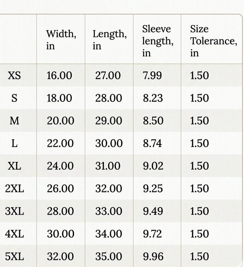 May include: A size chart table for apparel listing sizes from XS to 5XL with columns for width, length, sleeve length, and size tolerance in inches. The table displays specific numerical values for each size, ranging from 16.00 to 35.00 inches.
