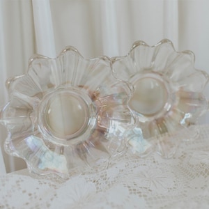 Vintage Federal Carnival Glass Iridescent Dessert Plates | Celestial Scallop Plates | Set of 2 Fostoria Plates | Pair of Flower Dishes