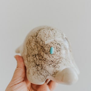 May include: A white ceramic turtle with black and white markings and a turquoise stone for an eye.