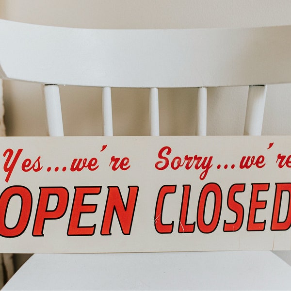 Vintage Store Open Closed Sign | Plastic Store Sign with Wood Frame | Red Font Double Sided Shop Sign