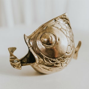 MCM Brass Fish Paperweight, Vintage Big Fish Little Fish, Brass Fish Figurine