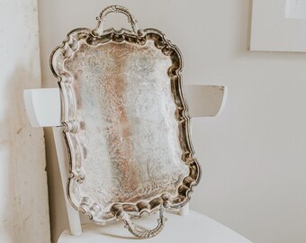 Large Ornate Vintage Silver Plate Tray | Silver Plate Double Handle Serving Tray | Etched and Scalloped Silverplate Tray