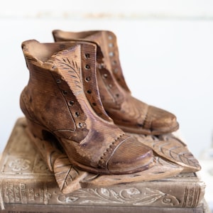 Antique Treen Ware Match Safe | Hand Carved Solid Wood English Match Holder | Victorian Boots Match Safe | Wheat Pattern Carved Treenware