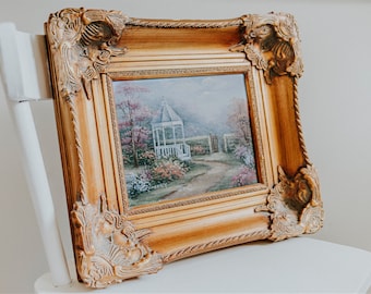 Mysterious C. Jaffey Original Oil Painting in Ornate Gold Gilded Frame | Thick Baroque Gold Frame | Garden Gazebo Original Oil Painting