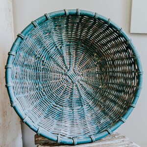 LARGE Vintage Blue Wicker Round Basket | Thick and Chunky Vintage Blue Basket | Woven Wicker Round Blue Painted Basket