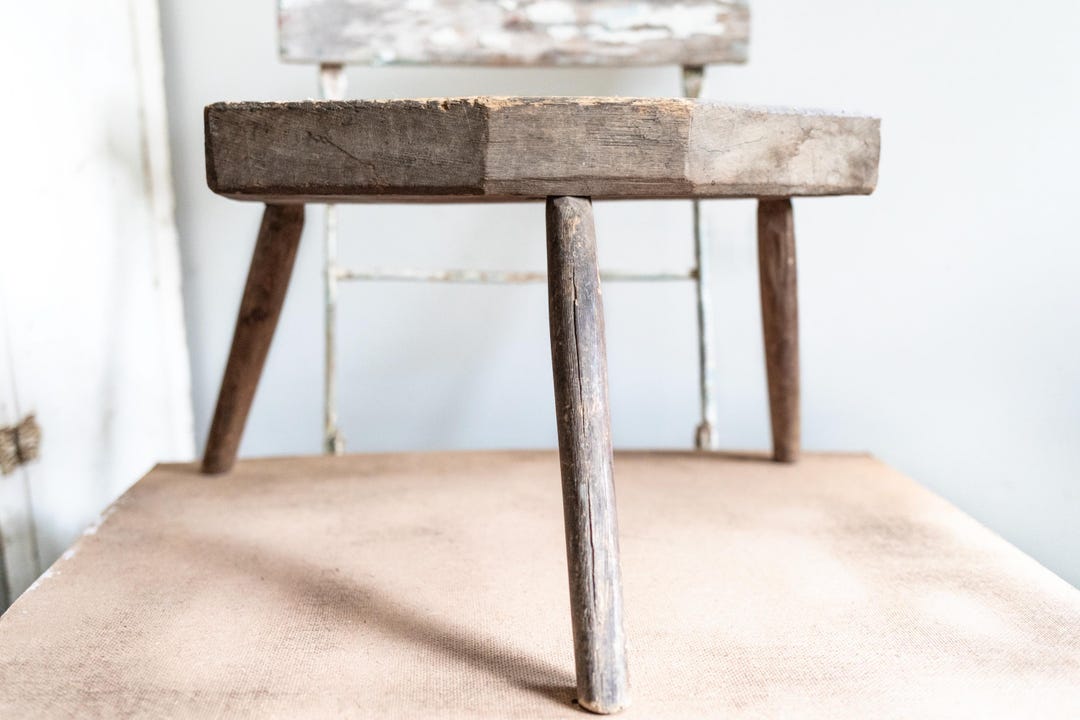Antique French 3 Leg Foot Stool | Primitive Wood European Milking Stool ...