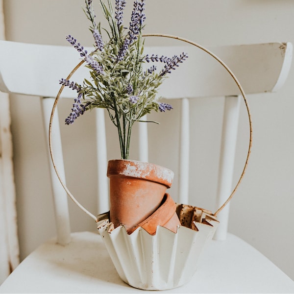 Vintage White Rusty Metal Pleated Funeral Basket | Accordion White Metal Planter | Rustic White Decor