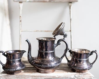Antique Poole Silver Plate Tea Set | Silverplate Tea Pot Cream and Sugar Set | Poole Silver Co Pattern no. 924