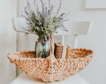 Large Vintage Hand Woven Round Bottom Egg Basket | Gathering Harvest Basket | Big "Butt" Basket | Farmhouse Basket | Blonde Basket