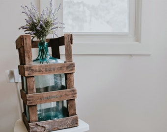 Antique Wood Crated Demijohn | 5 Gallon Blue Glass Carboy in Crate | Gibson-Snow Co Inc.