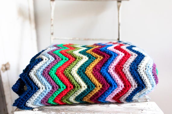 Vintage Handmade Colorful Chevron Afghan Throw | Bright Multicolor Crochet ZigZag Throw Blanket | Cottagecore | Grandma Core