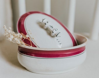 Antique Willets Manufacturing Company Ironstone Covered Soap Dish | White Burgundy and Black Striped Soap Dish | Ornate Handled Soap Dish