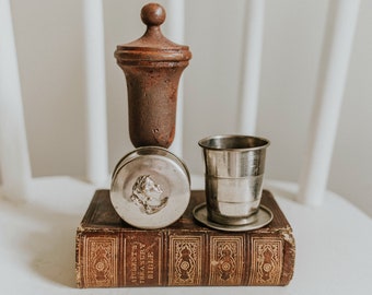 Vintage Pill Box with Traveling Cup | Expandable Pill Box Cup | Metal Cameo Pill Box and Cup | Embossed Lady Metal Pill Box Collapsible Cup
