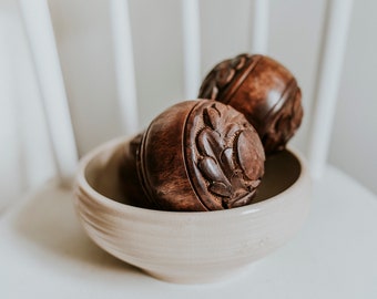 Ornate Decorative Hand Carved Wood Balls | Set of 3 Carved Wood Decor Balls