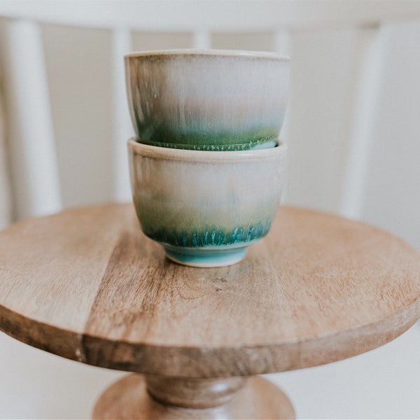 Set of 2 Japanese Style Handleless Tea Cups | Blue Green Cream Pottery Sake Cups | Ombre Glaze Small Condiment Cups | Coastal Beachy Color