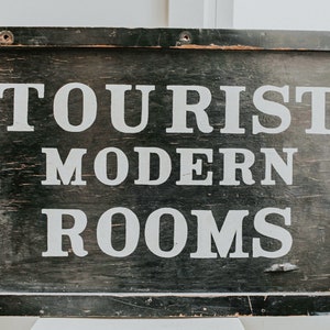 RARE Large Original Antique Wood Sign | Modern Rooms for Tourists | Primitive Black and White Sign | Early American Hotel Sign | Trade Sign