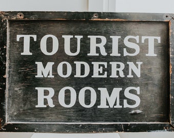 RARE Large Original Antique Wood Sign | Modern Rooms for Tourists | Primitive Black and White Sign | Early American Hotel Sign | Trade Sign