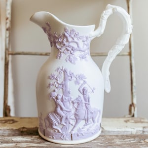 STUNNING Antique Samuel Alcock Raised Lilac Relief &quot;In Love and War&quot; Jug | 1800&#39;s RARE Staple Repaired Parian Pitcher